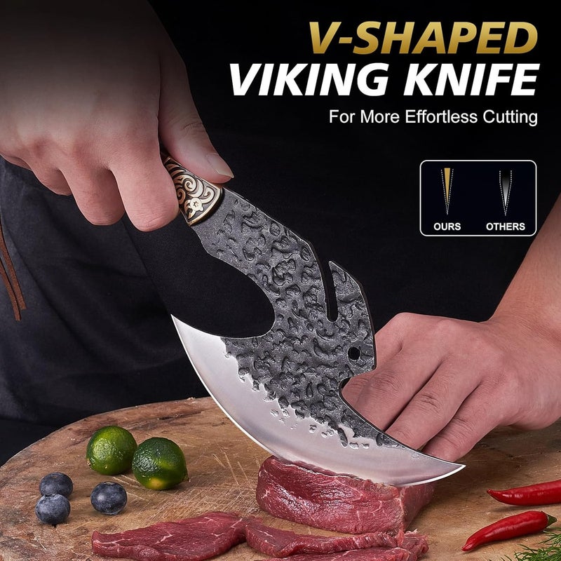 TopFeel Viking Knife Butcher Meat Cleaver Cutting Boning Knife Chinese Kitchen Axe with Sheath for Home & Outdoor BBQ Camping Knives Gift for Men Chirstmas Birthday - Image 2